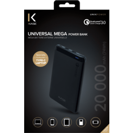 Méga batterie externe universelle 20 000 mAh (74Wh) pour ordinateurs portables & tablettes & smartphones, Noir