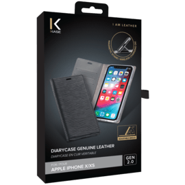 Diarycase 2.0 Coque clapet en cuir véritable avec support aimanté pour Apple iPhone X/XS, Minuit Noir