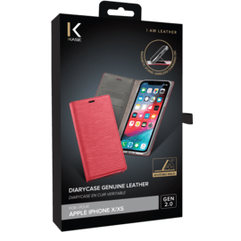 Diarycase 2.0 Coque clapet en cuir véritable avec support aimanté pour Apple iPhone X/XS, Rouge Bordeaux