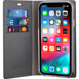 Diarycase 2.0 Coque clapet en cuir véritable avec support magnétique pour Apple iPhone XR, Minuit Noir 