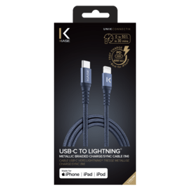 Câble USB-C vers Lightning certifié MFi Apple métallisé tressé Charge/sync (1M), Bleu Oxford