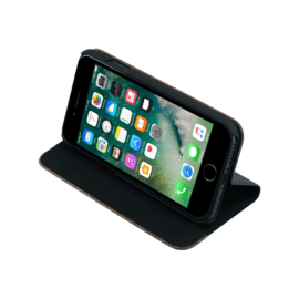 Coque clapet pour Apple iPhone 7/8/SE 2020, saffiano noir & bois de noyer naturel