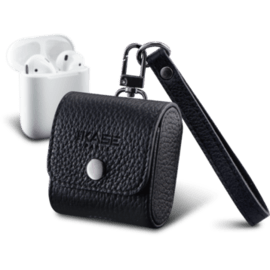 Coque Apple Airpods en cuir véritable fabriquée à la main avec sangle, Noir