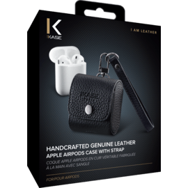 Coque Apple Airpods en cuir véritable fabriquée à la main avec sangle, Noir
