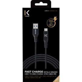 Câble USB 3.1 Gen 2 charge rapide USB-C vers USB-A métallisé tressé Charge/sync (1M), Noir