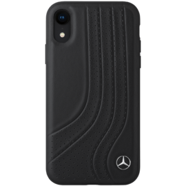Mercedes-Benz New Bow II Coque en cuir véritable perforé pour Apple iPhone XR, Noir 