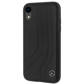 Mercedes-Benz New Bow II Coque en cuir véritable perforé pour Apple iPhone XR, Noir 
