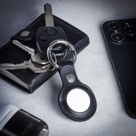 Porte clés artisanal en cuir véritable pour Apple AirTag, Noir minuit